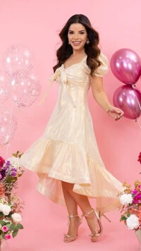 Vestido Midi Dourado Magnólia Viscose Corte Mullet