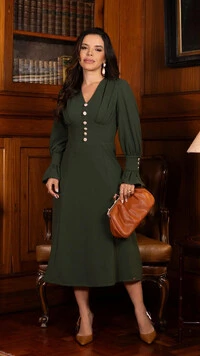 Vestido Midi Miriane em Malha Alfaiataria com Botões Verde