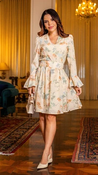 Vestido Curto Godê Mirela Estampado com Passamanaria