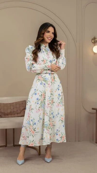 Vestido Midi Estampado Nazaré com Cinto e Botões Pérola