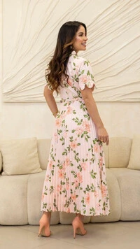 Vestido Midi Floral Jurema Plissado com Gola Scalop