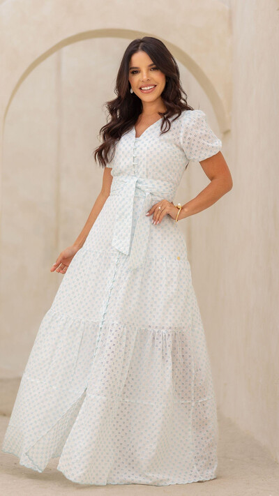Foto Vestido Longo Azul Geométrico Raika Algodão Três Marias
