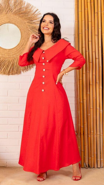 Foto Vestido Longo Linho Zaya Gola Ampla Botões Dourados