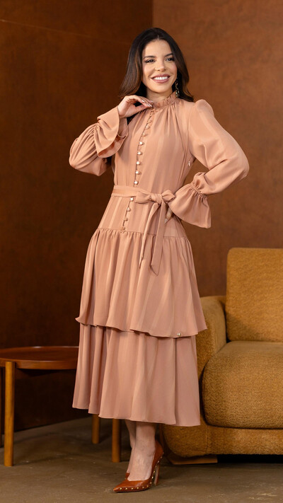 Foto Vestido Midi Cappuccino Felicia Crepe Gola Alta