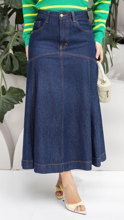 Foto Saia Midi Jeans Mariza com Recortes e Bolsos