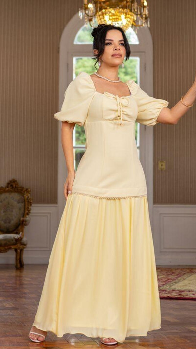 Foto Vestido Longo Tonya Mangas Princesa com Amarração no Busto