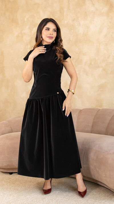 Foto Vestido Longo Suede Zenaide Gola Alta Manga Tulipa
