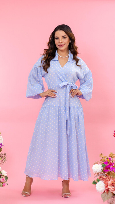 Foto Vestido Midi Azul Poá Marina Crepe Estilo Envelope