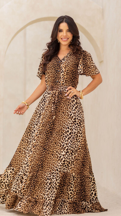 Foto Vestido Longo Animal Print Thaynara Viscose Decote V