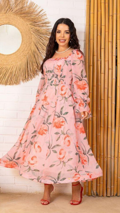 Foto Vestido Midi Rosa Floral Siena Crepe Decote Quadrado