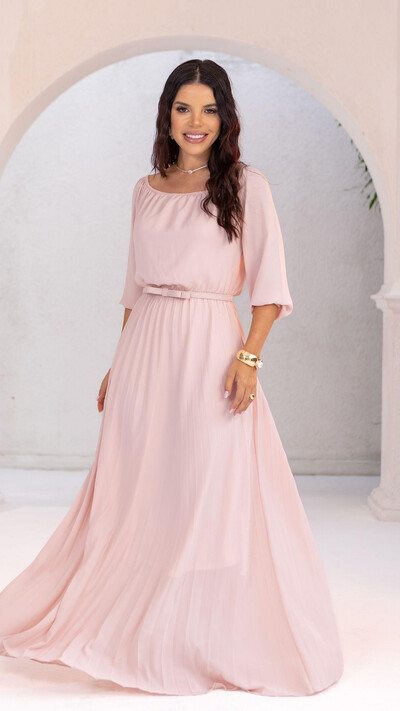 Foto Vestido Longo Rosa Dora Crepe Saia Plissada com Cinto Laço