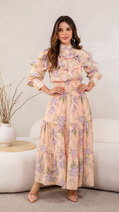 Foto Vestido Longo Floral Magda Crepe com Babados e Gola Alta