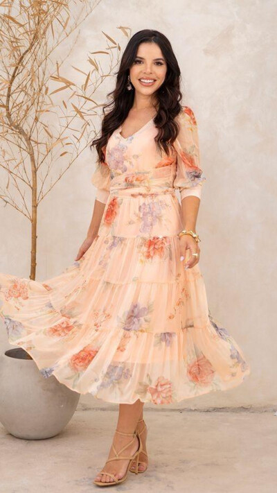 Foto Vestido Midi Floral Cicera Crepe Chiffon Decote V