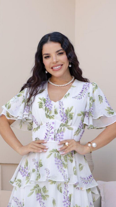 Foto Vestido Midi Estampado Clara Crepe Gola V Barra Mullet