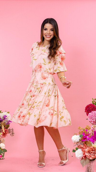 Foto Vestido Midi Estampado Domenica Crepe Lastex Forrado