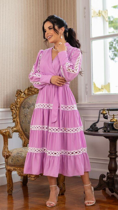 Foto Vestido Midi Lilás Benta Crepe Decote V Saia Marias