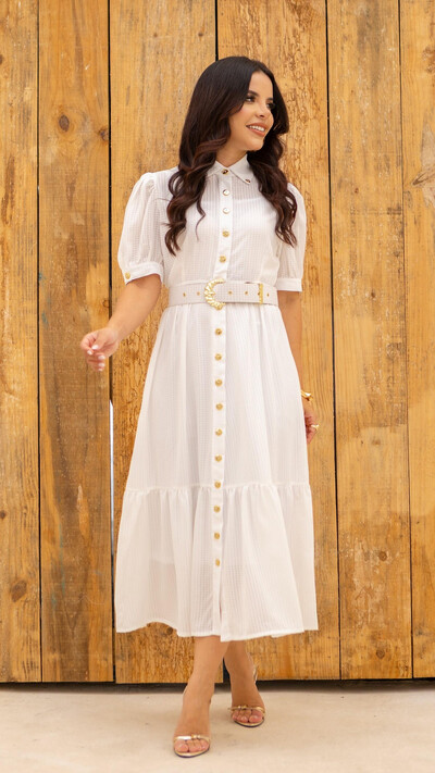 Foto Vestido Midi Branco Chemise Cintia Crepe Vichy com Cinto