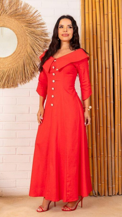 Foto Vestido Longo Linho Zaya Gola Ampla Botões Dourados