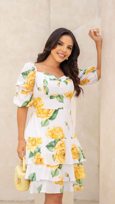 Foto Vestido Curto Floral Gisela Crepe Decote Coração Bufante