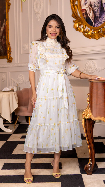 Foto Vestido Max Midi Rubi em Crepe Florido com Renda