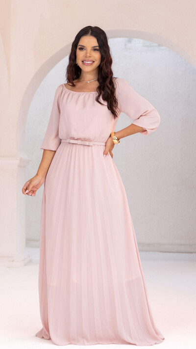 Foto Vestido Longo Rosa Dora Crepe Saia Plissada com Cinto Laço