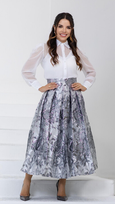 Foto Saia Midi Maia em Jacquard com Pregas Largas