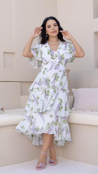 Foto Vestido Midi Estampado Clara Crepe Gola V Barra Mullet