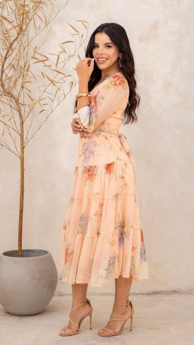 Foto Vestido Midi Floral Cicera Crepe Chiffon Decote V