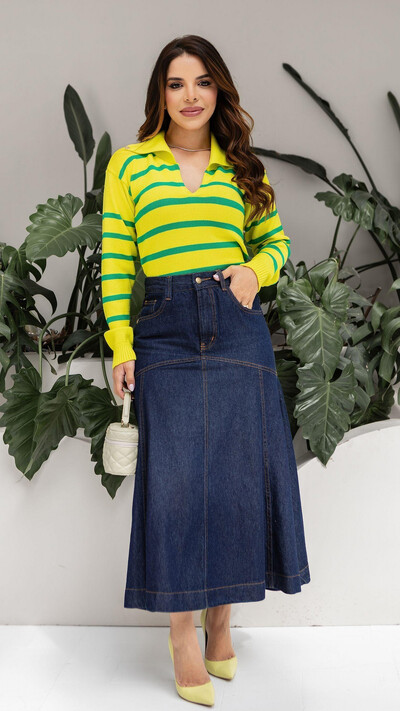 Foto Saia Midi Jeans Mariza com Recortes e Bolsos