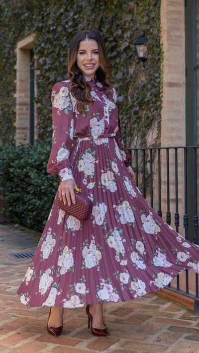 Foto Vestido Longo Floral Plissado Marciele com Cinto Laço
