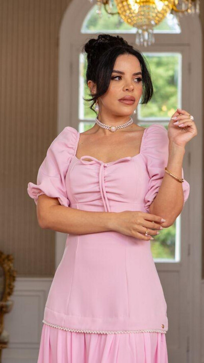 Foto Vestido Longo Tonya Mangas Princesa com Amarração no Busto