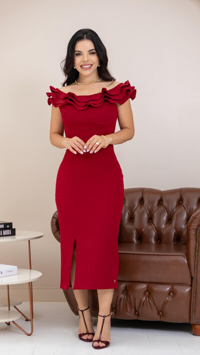 Foto Vestido Midi Bordô Alfaiataria Elisa Detalhe no Decote