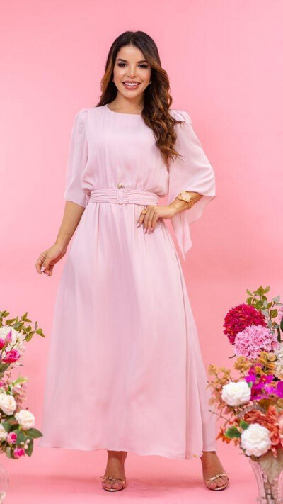 Foto Vestido Longo Manga Fluida Ilana Cinto Faixa Gola Fechada