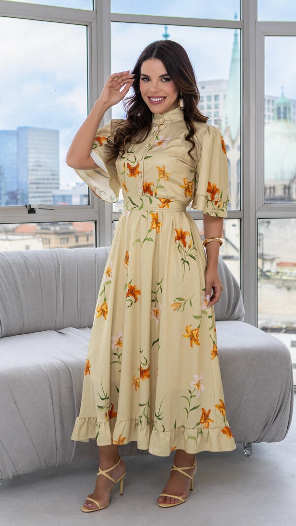 Vestido Max Midi Jucelia Floral com Faixa e Botões