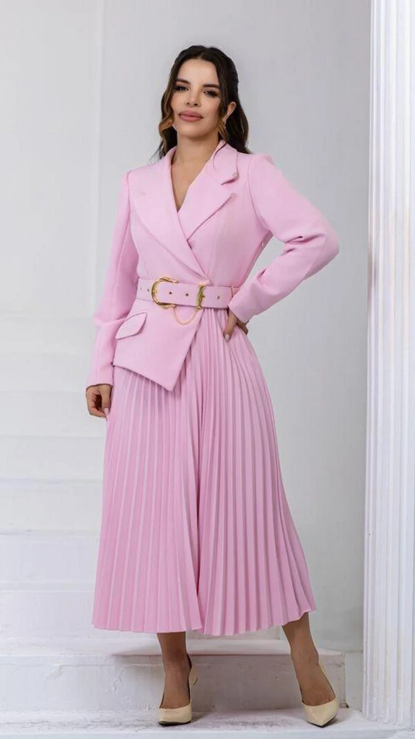 Vestido Midi Rosa Catrina Alfaiataria Gola Sobreposta