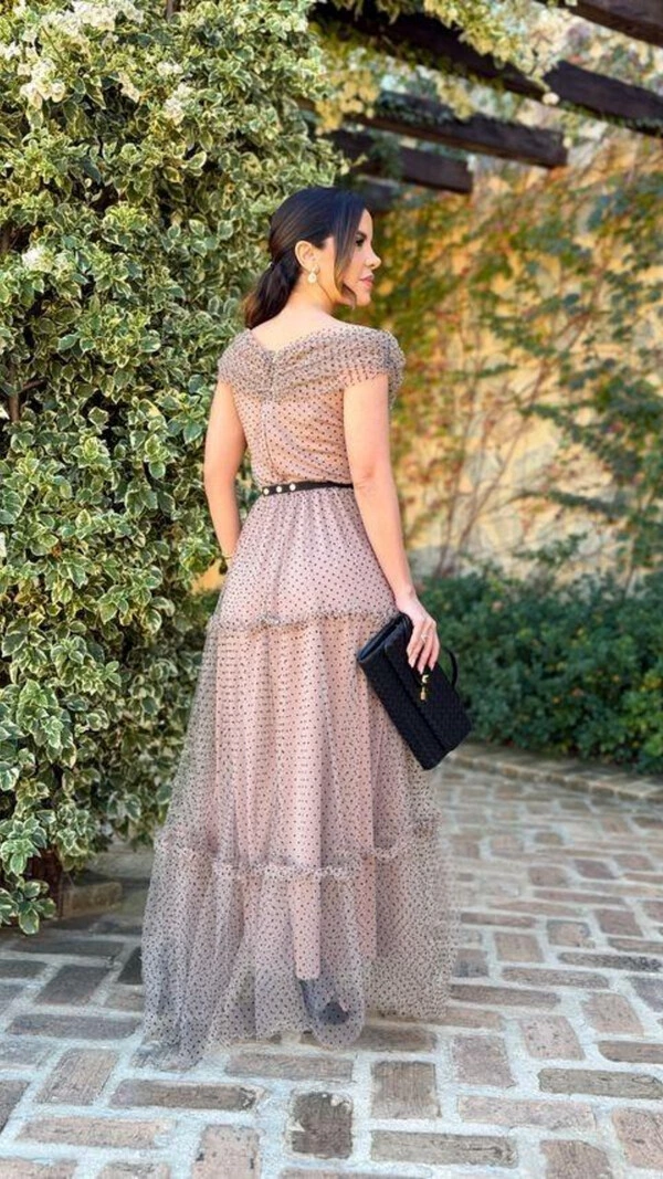Vestido Longo Poá Tule Elina com Decote Ombro a Ombro