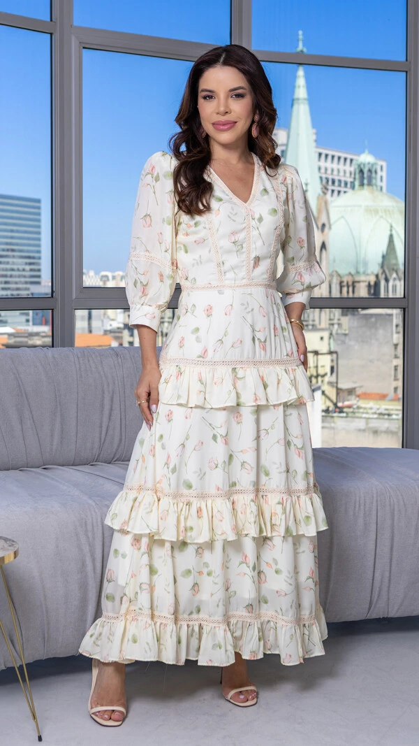 Vestido Longo Madeline com Babados Estampado