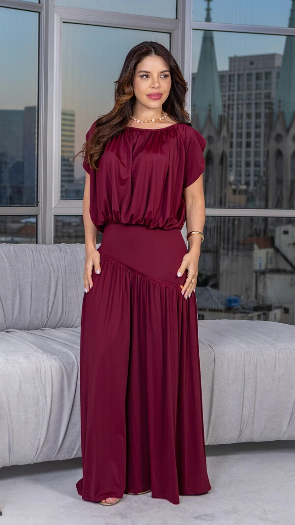 Conjunto Florence Blusa e Saia Longa Azul Marinho e Vinho