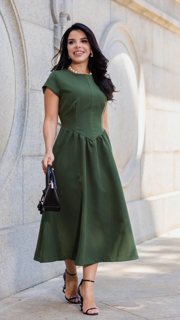 Vestido Midi Verde Alfaiataria Lumena Recorte na Cintura