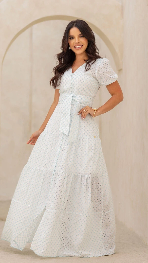 Vestido Longo Azul Geométrico Raika Algodão Três Marias