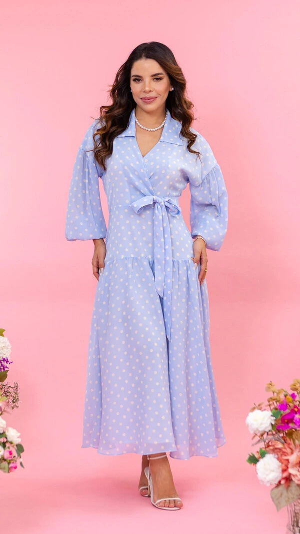 Vestido Midi Azul Poá Marina Crepe Estilo Envelope