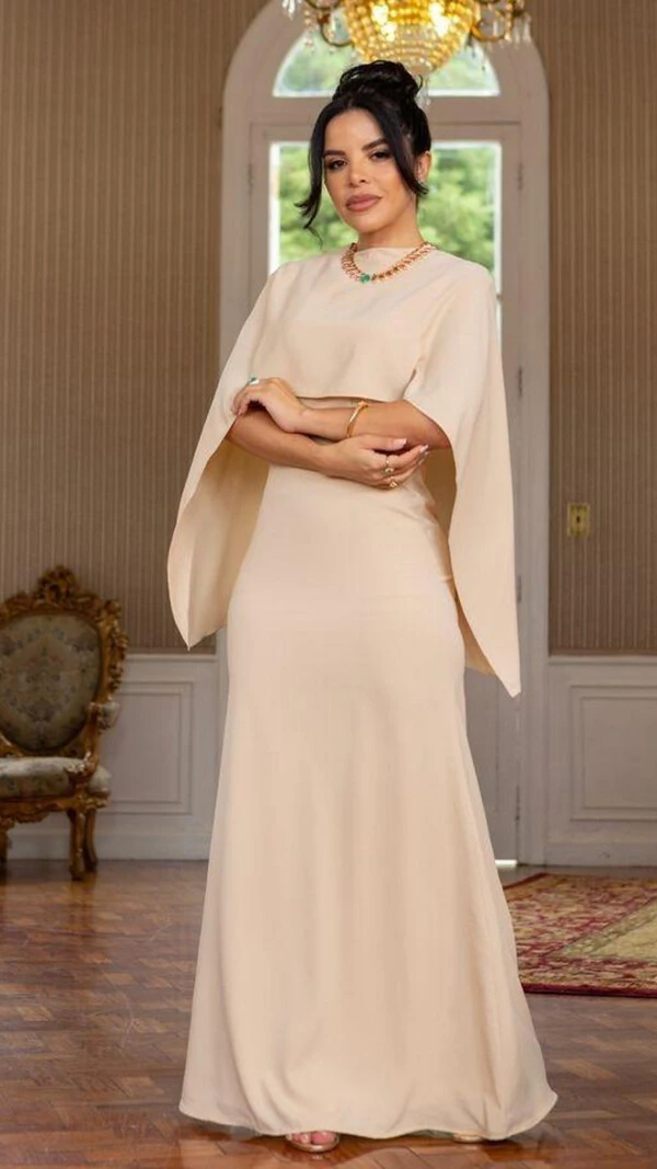 Vestido Longo Nude Liso Lorrana com Capa Removível