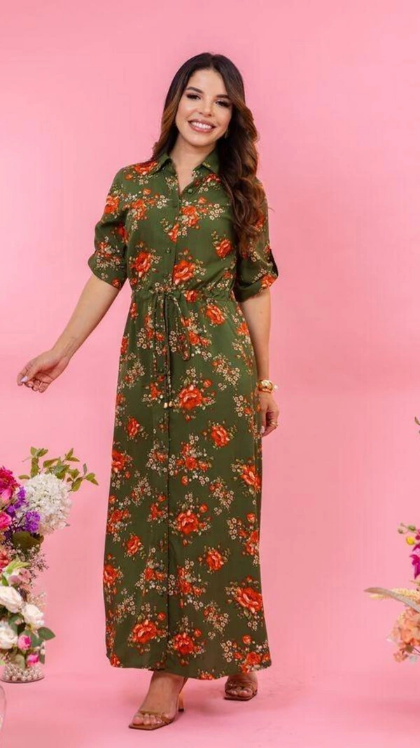 Vestido Longo Floral Chemise Mayla em Viscose com Cordão