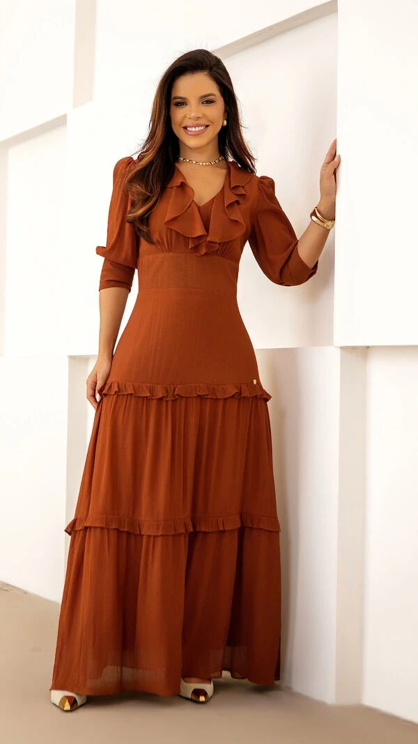 Vestido Longo Conny em Viscose com Babados