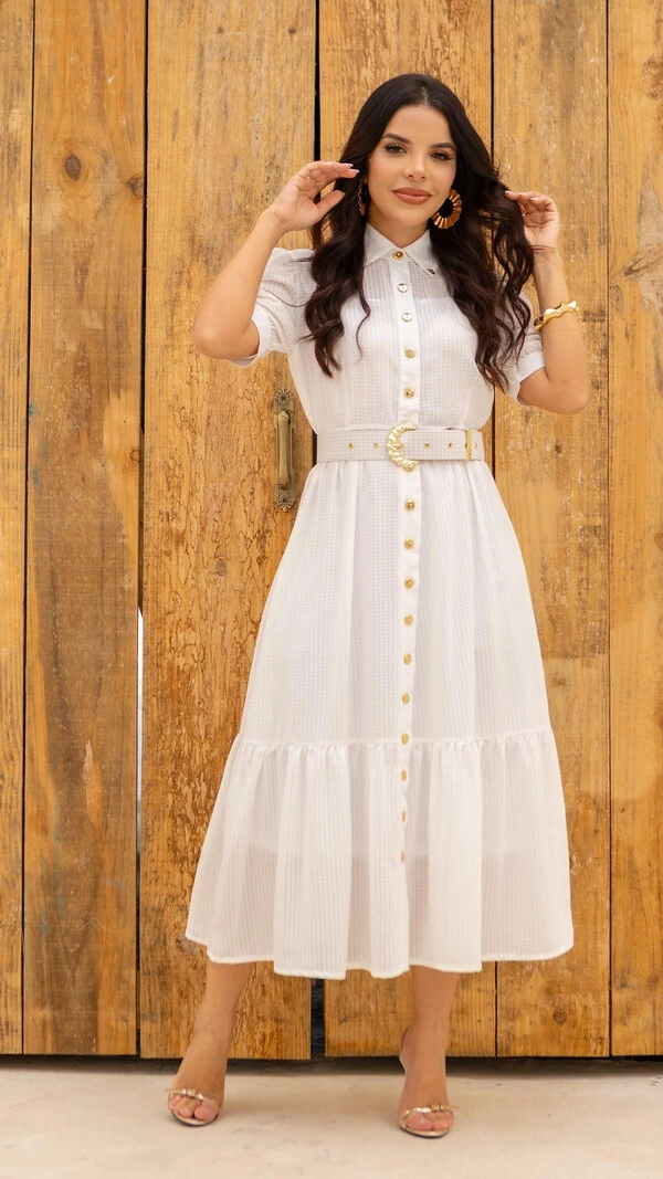 Vestido Midi Branco Chemise Cintia Crepe Vichy com Cinto