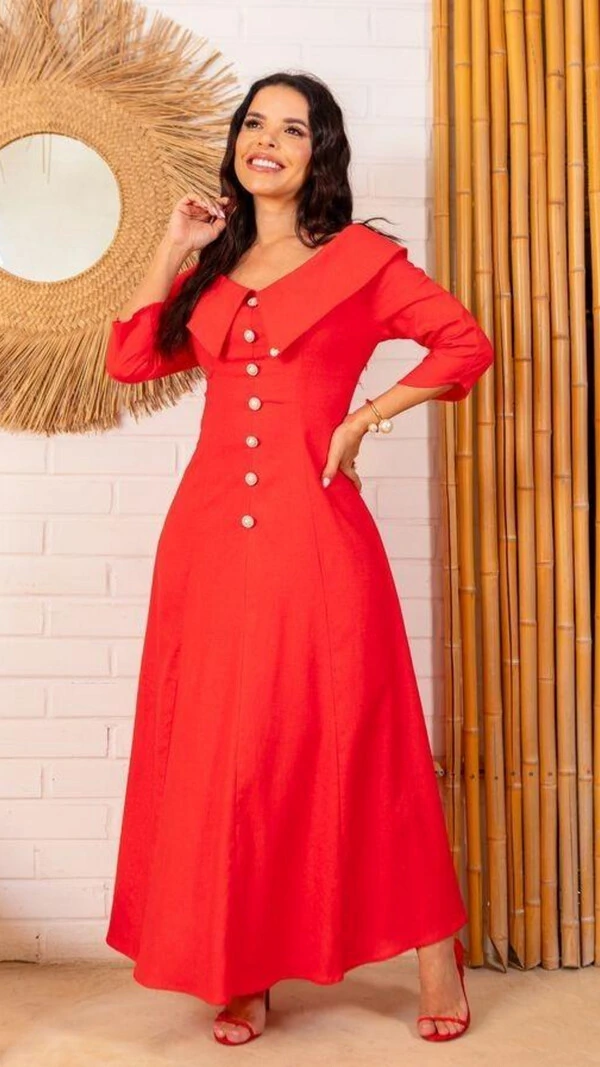 Vestido Longo Linho Zaya Gola Ampla Botões Dourados