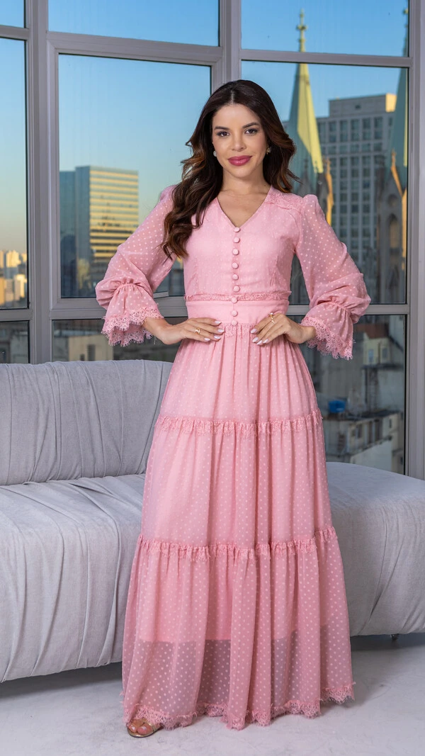 Vestido Longo Derya com Renda Chantilly e Botões