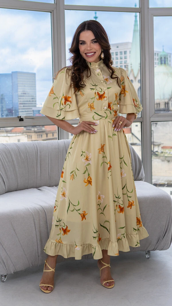 Vestido Max Midi Jucelia Floral com Faixa e Botões