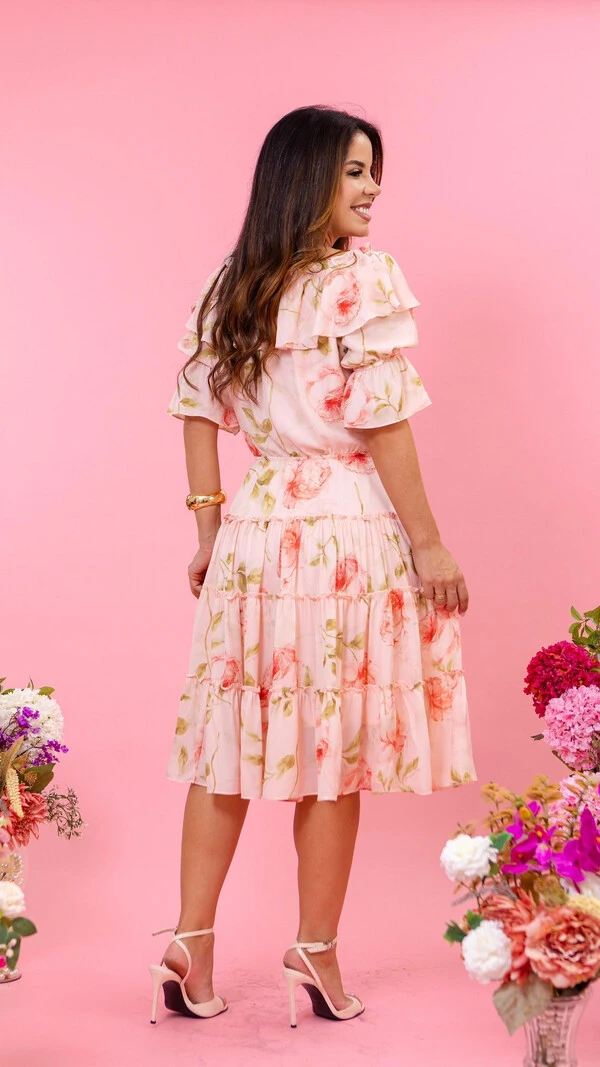 Vestido Midi Estampado Domenica Crepe Lastex Forrado