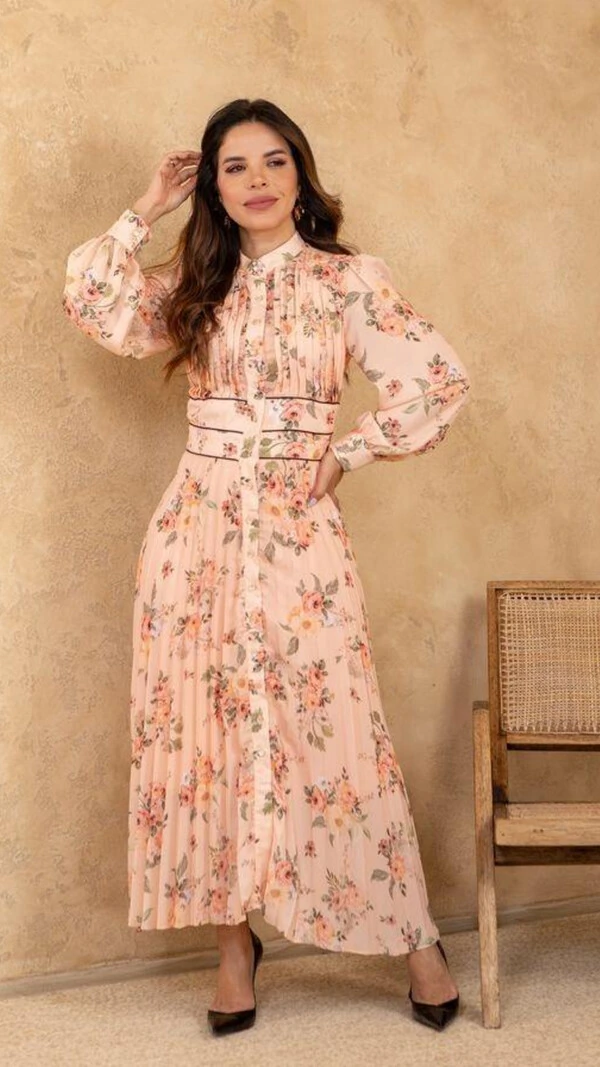 Vestido Longo Floral Evandra Plissado Crepe Gola Colarinho